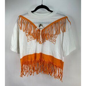 VTG Vols White & Orange UT Tennessee Fringe Crop T-Shirt Womens L